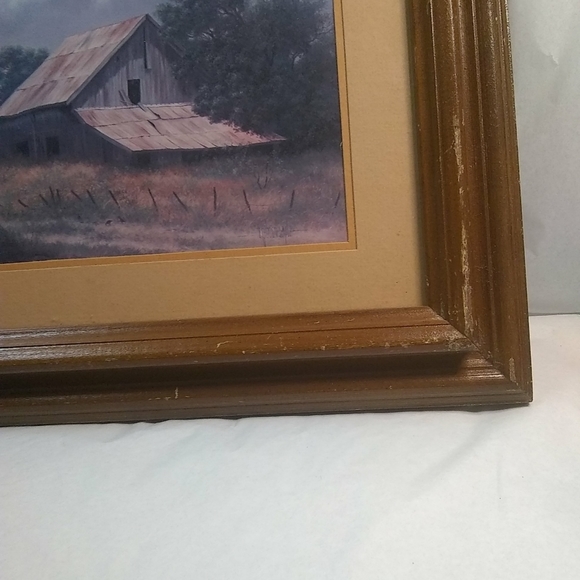 VINTAGE Wood Framed & Matted Art  Signed Gibson Countryside Farmhouse Barn Rare - Picture 3 of 12
